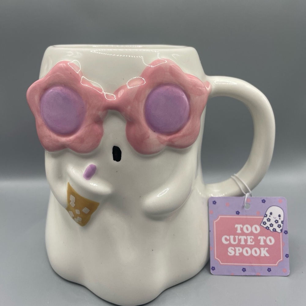Sunday Morning Halloween GIRL GHOST With SUNGLASSES And BOBA Latte MUG NEW